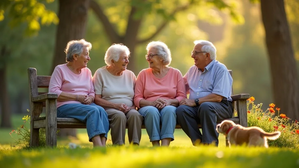 Four elderly people sitting on a wooden park bench, smiling and talking, with a yellow dog in front and trees in the background.