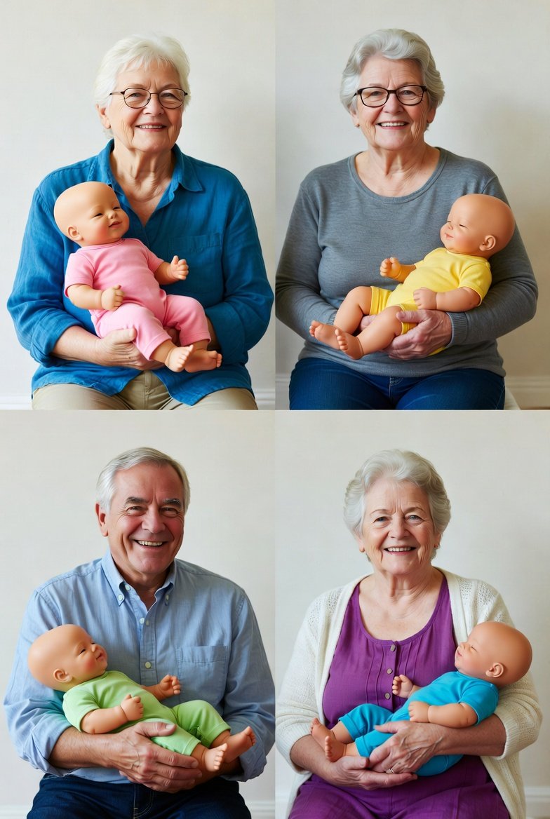 Four elderly individuals, each holding a baby doll, with the women in the top row and the men in the bottom row. All are smiling and sitting against a plain light background.