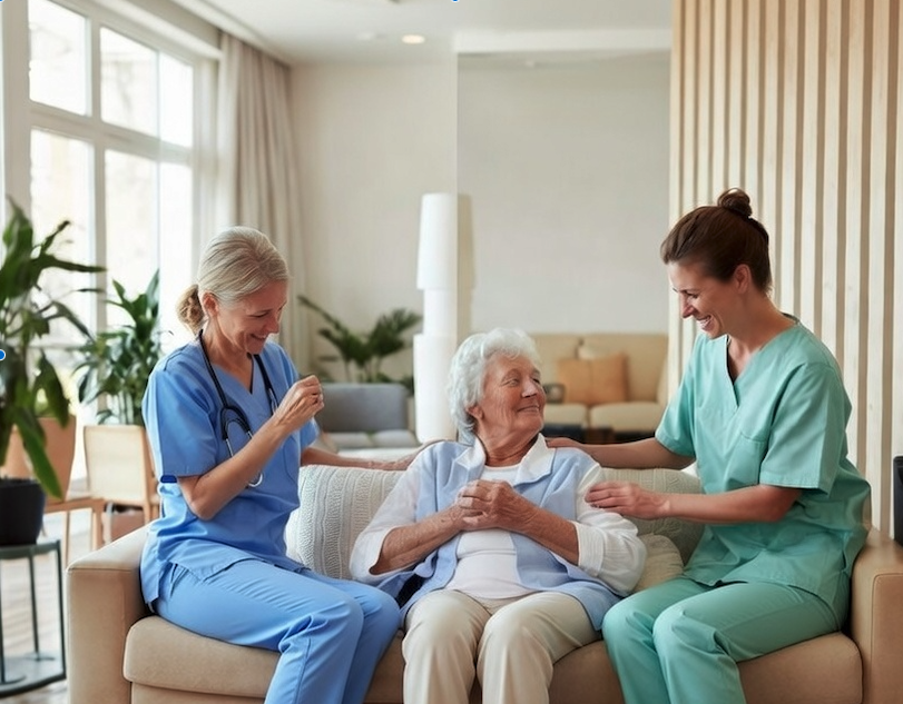 An elderly woman sitting on a beige couch is smiling and holding hands with two healthcare workers, one in blue scrubs and the other in green scrubs; they are in a bright, modern living room.