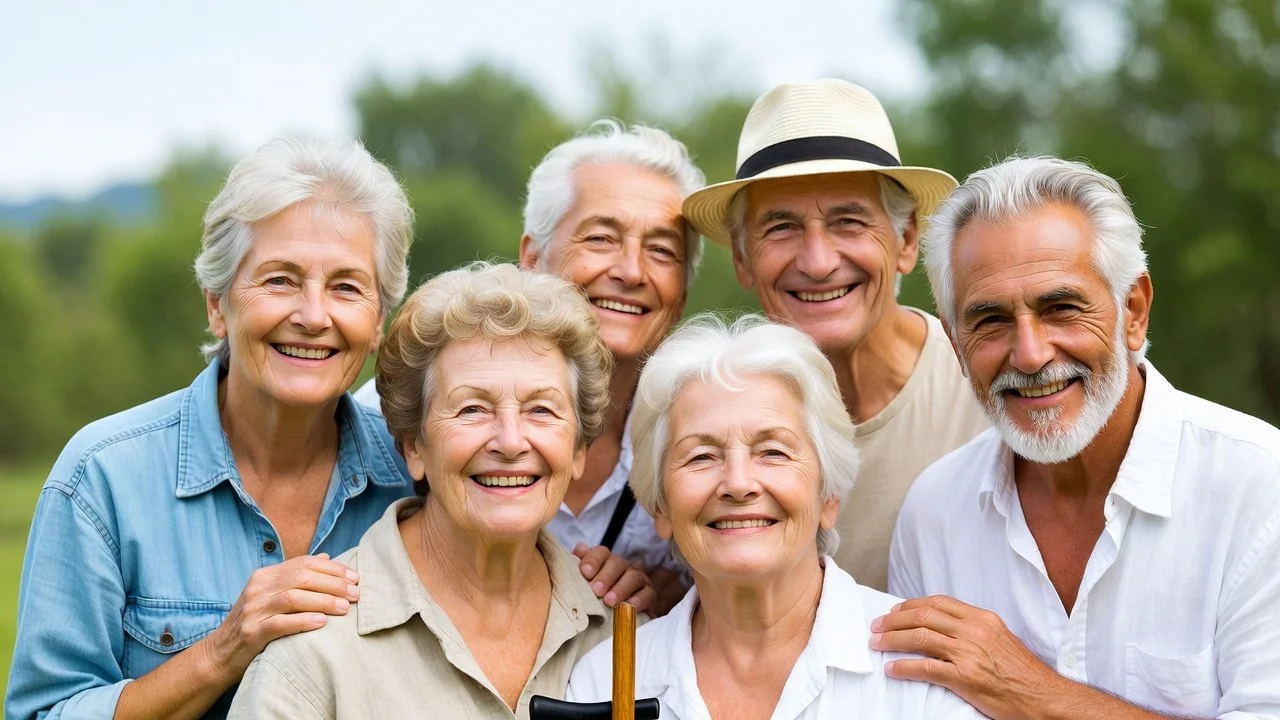 Group of seven elderly people smiling outside in a park.