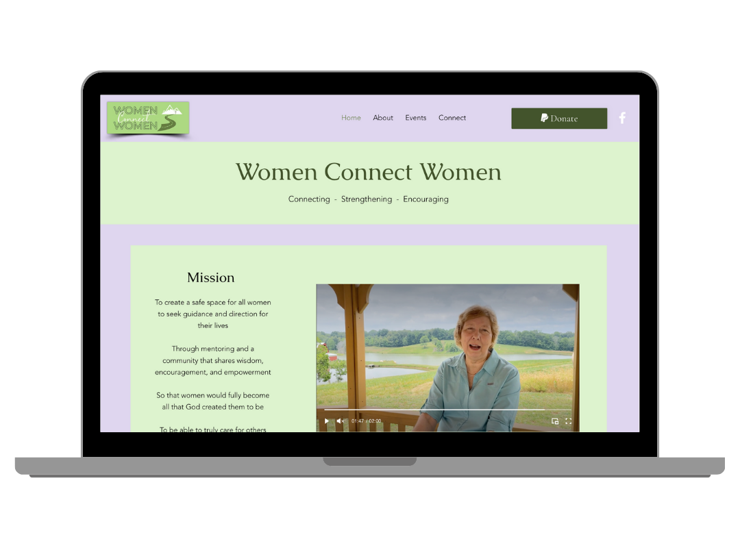 Screenshot of a website titled 'Women Connect Women' with a mission statement and a woman speaking in a video.