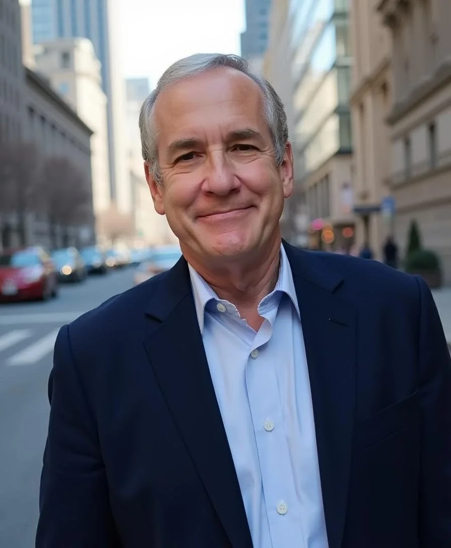 A middle-aged man with gray hair smiling while wearing a navy blazer and a light blue button-down shirt, standing on a city street with tall buildings and cars in the background.
