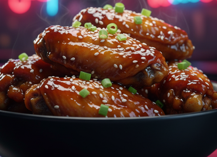 Chicken wings glazed in barbecue sauce, garnished with chopped green onions and sesame seeds in a black bowl.