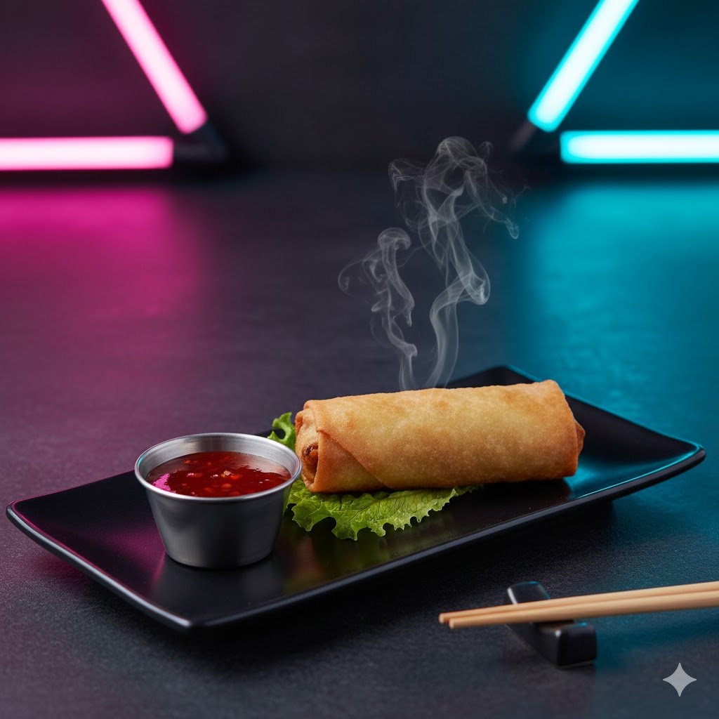 A plate with a steaming spring roll, a leaf of lettuce, and a side of dipping sauce on a black rectangular plate, with chopsticks beside it, against a dark background with neon pink and blue lights.