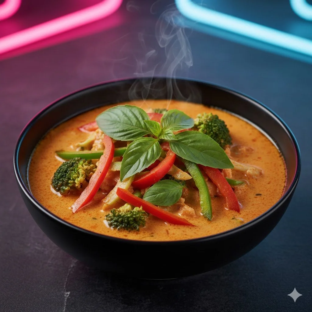 A black bowl of steaming Thai curry with red and green bell peppers, broccoli, shredded chicken, topped with fresh basil leaves.