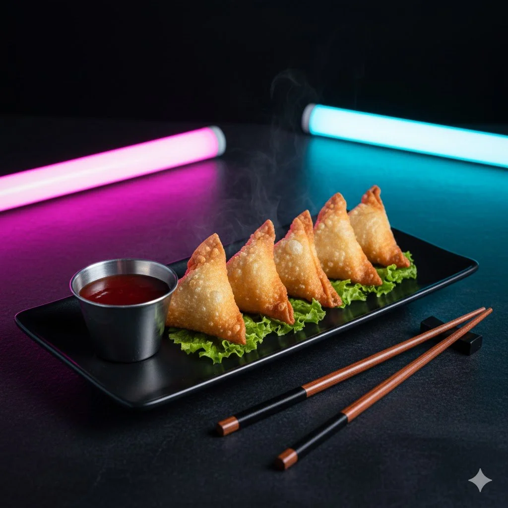 A black rectangular plate with six steamed or fried dumplings arranged in a row, garnished with lettuce, on a black surface. A small metal cup of dipping sauce is on the left. Two chopsticks rest on the surface in front of the plate, with neon pink and blue light tubes in the background.