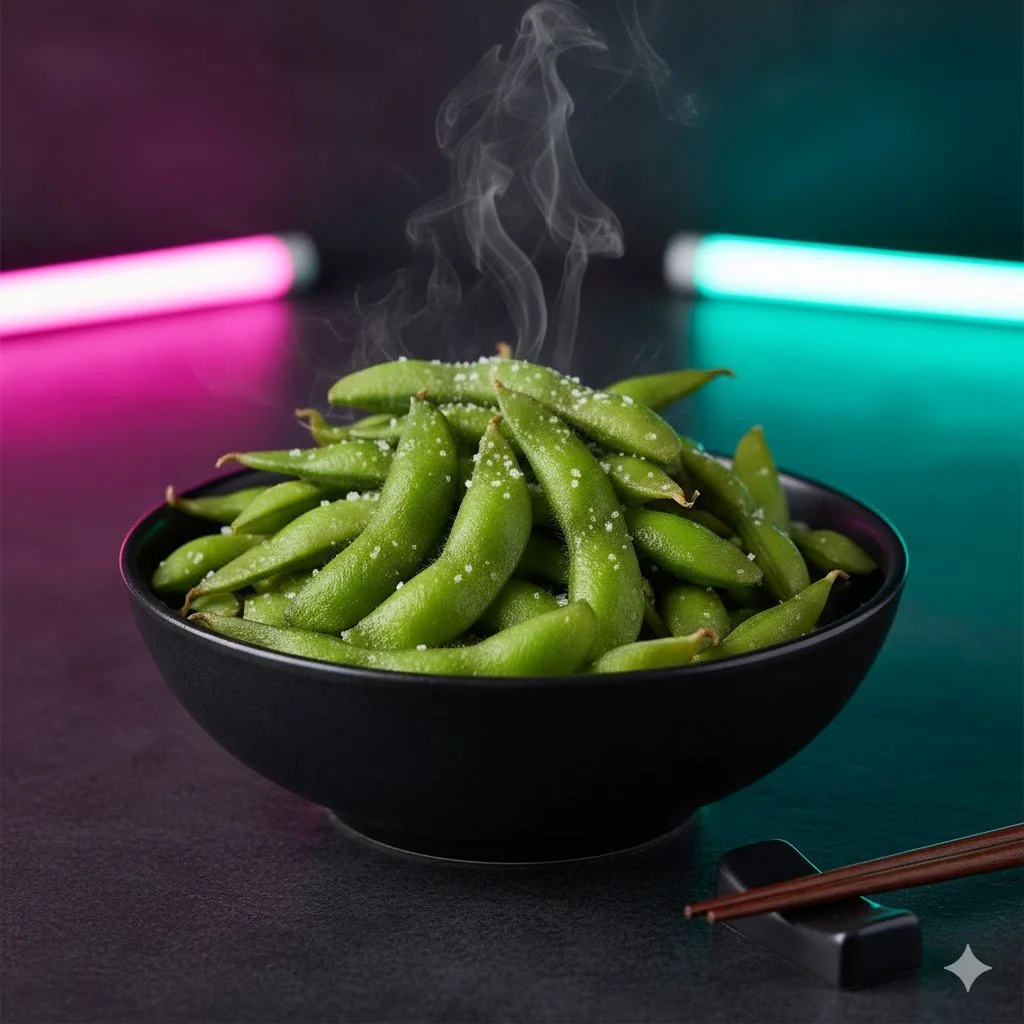 A black bowl filled with steamed edamame sprinkled with salt, with steam rising, placed on a dark surface with neon pink and blue lights in the background.
