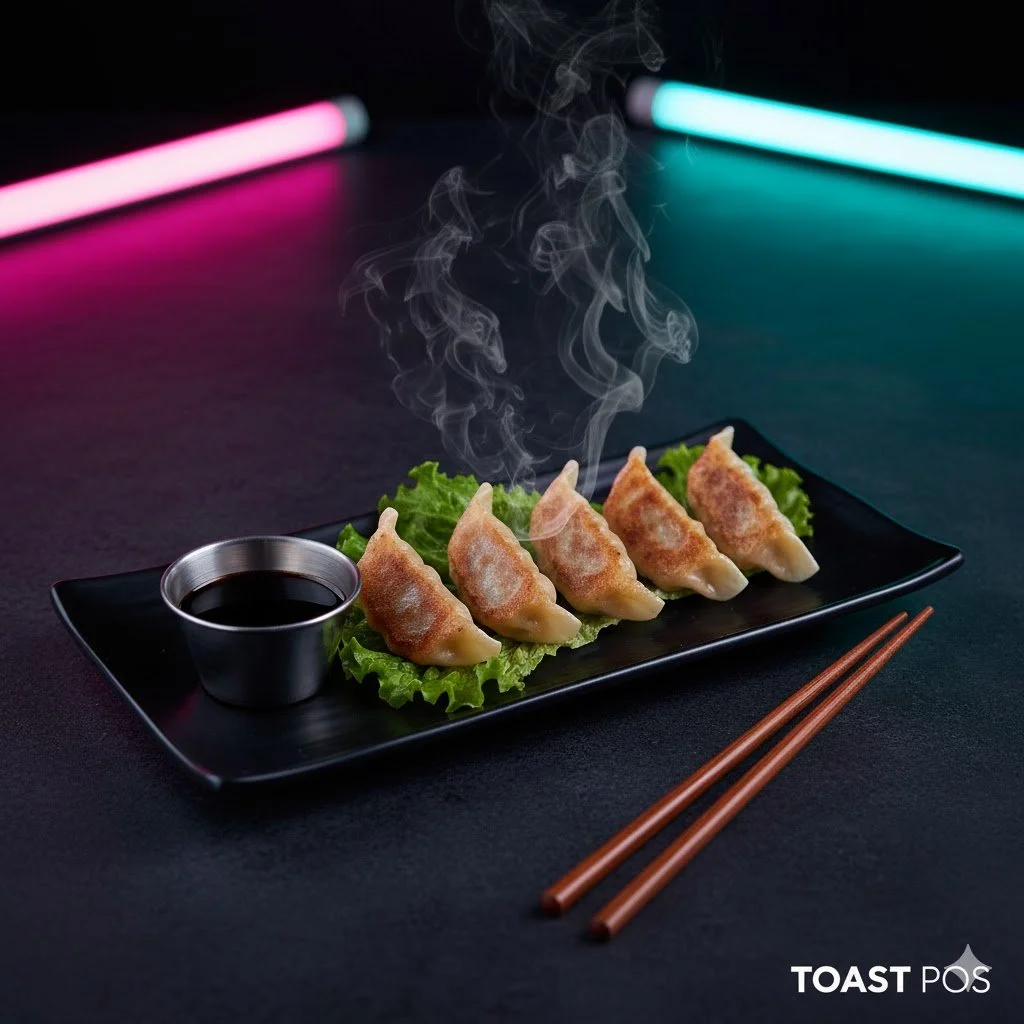 Plate of five steaming dumplings with lettuce, soy sauce, chopsticks, and dark background with colorful neon lights.