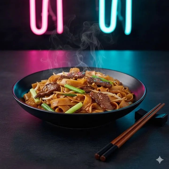 A bowl of steaming stir-fried noodles with beef and green onions on a black table, with neon pink and blue lights in the background.