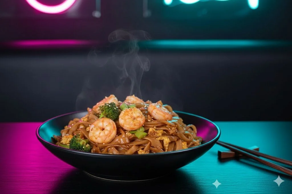 A bowl of steaming shrimp and vegetable stir-fry with broccoli and green onions, on a table with chopsticks, against a colorful neon background.