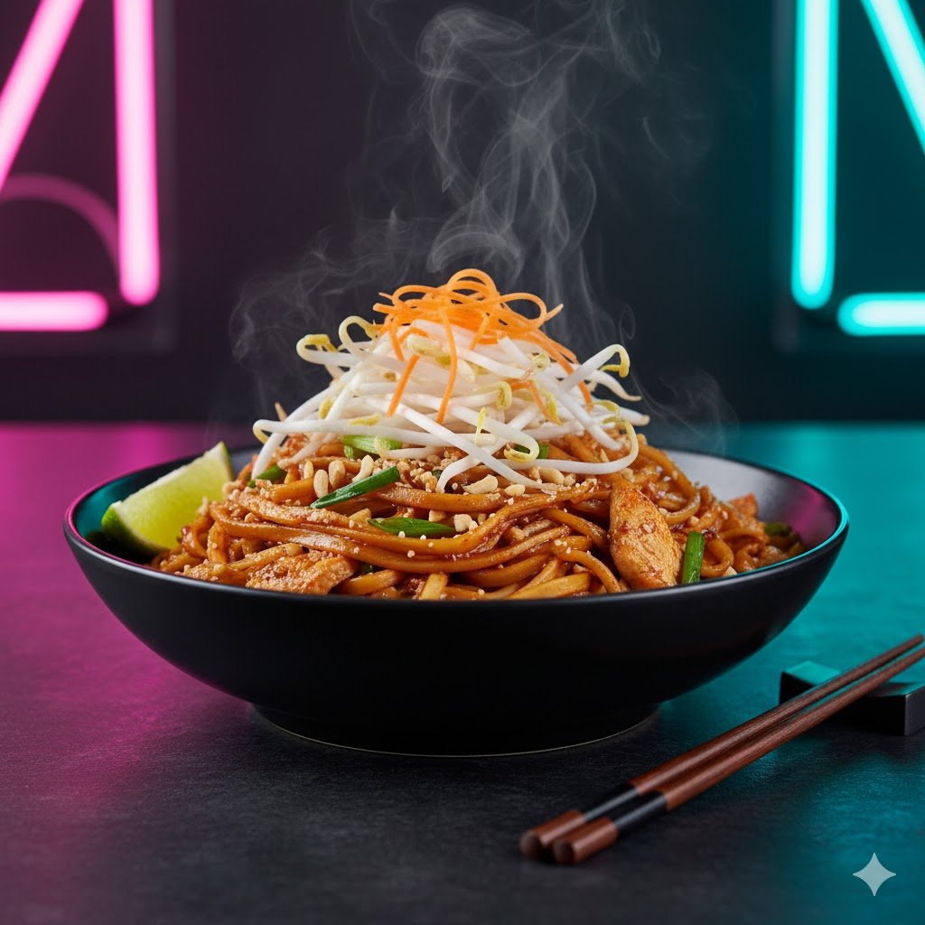A bowl of steaming Asian-style stir-fried noodles topped with bean sprouts, shredded carrots, and chopped green onions, with lime wedges on the side, set on a dark table with chopsticks nearby, illuminated by neon pink and blue lights in the background.