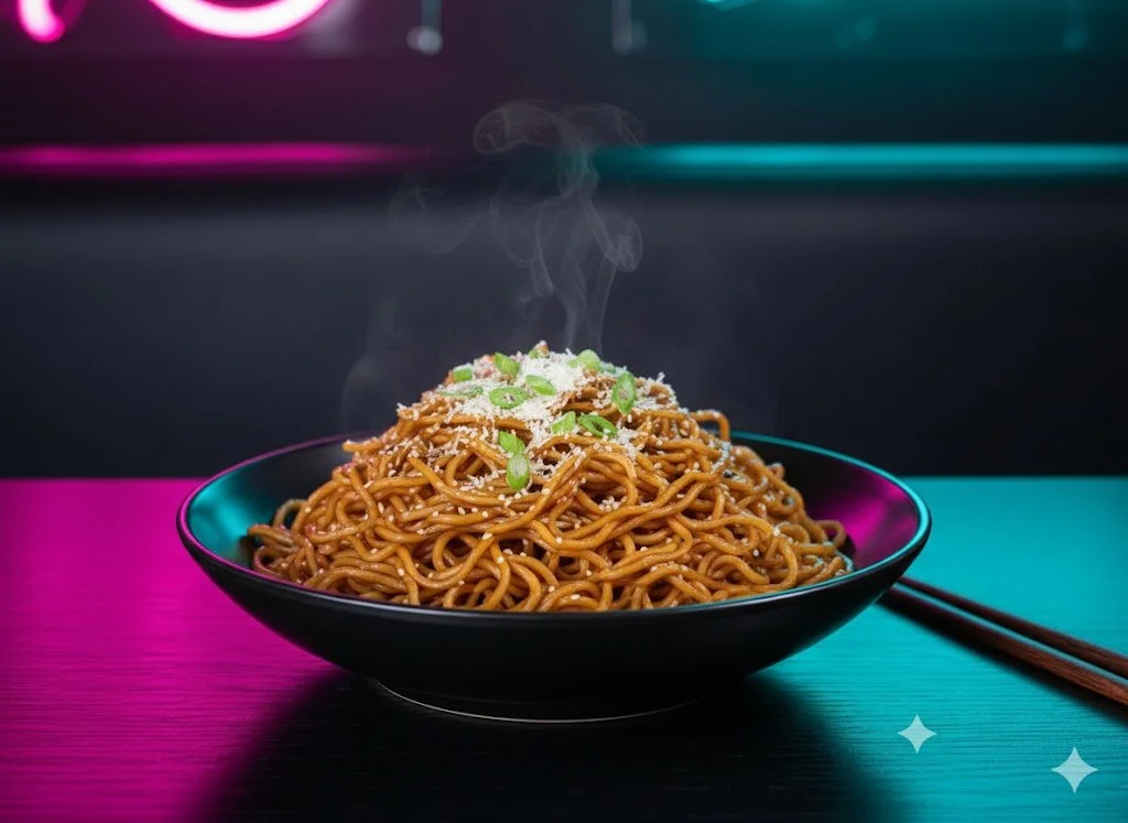 A bowl of steaming ramen noodles garnished with green onions and sesame seeds, set on a neon-colored surface with neon lights in the background.