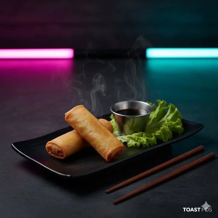 Two spring rolls on a black plate with dipping sauce and lettuce, chopsticks beside the plate, steaming lightly, in a dark setting with colorful neon lights in the background.