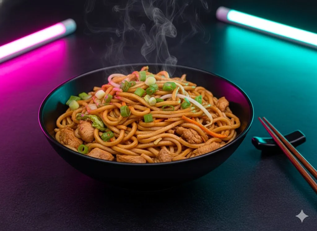 A black bowl filled with steaming stir-fried noodles, chopped green onions, and pieces of chicken on a dark surface with pink and blue neon lights in the background, and chopsticks resting beside the bowl.