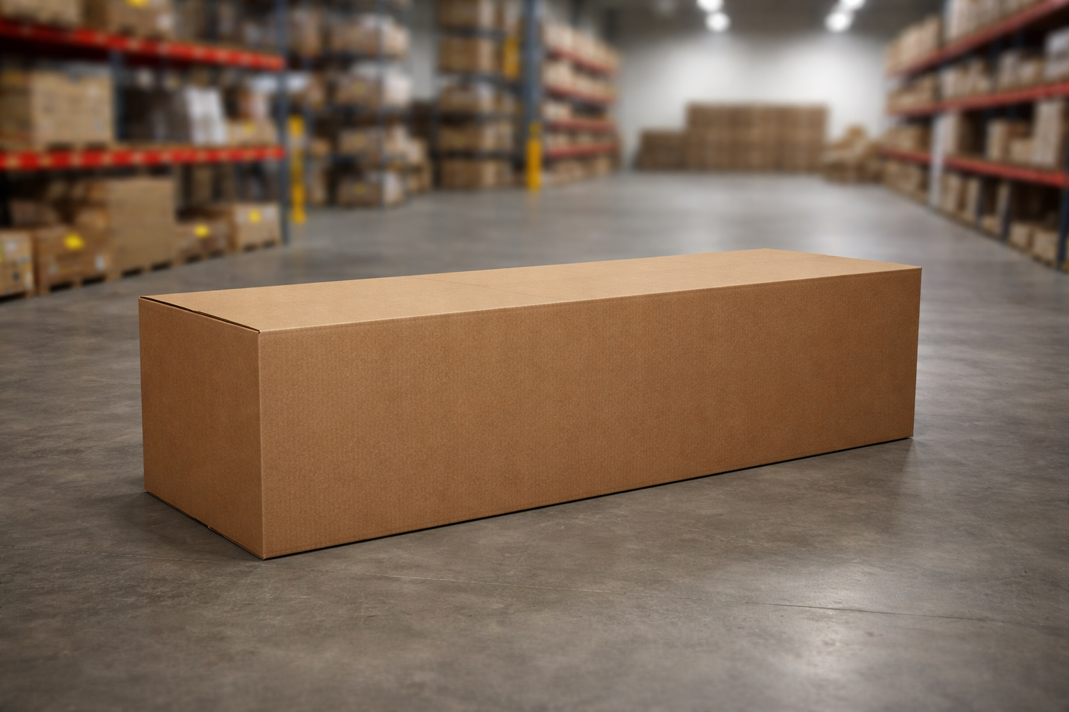A brown cardboard box on a concrete warehouse floor with shelves of boxes in the background.
