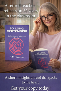 Older woman with gray hair and glasses holding a book titled 'So Long, September!' and sitting at a table with a similar book. The background shows a classroom or library setting.