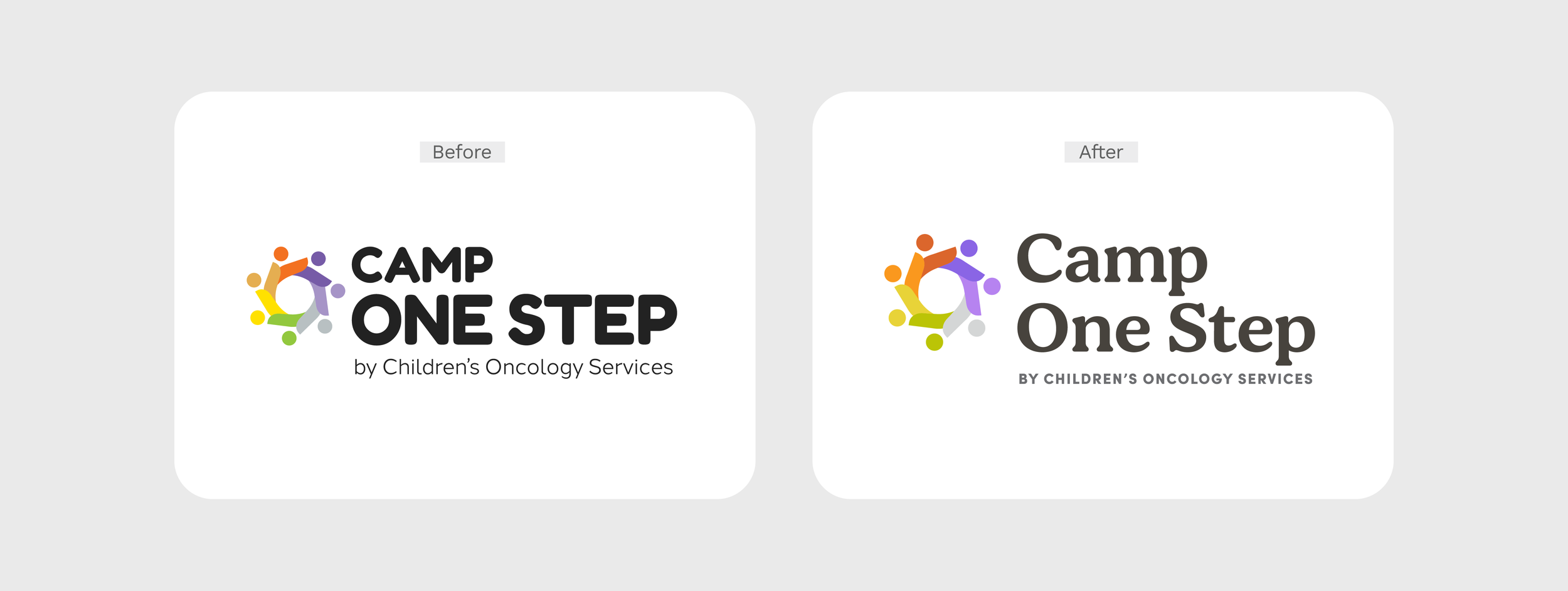 Comparison of before and after logo designs for Camp One Step by Children’s Oncology Services, showing a colorful circular icon with human figures and different fonts for the text.