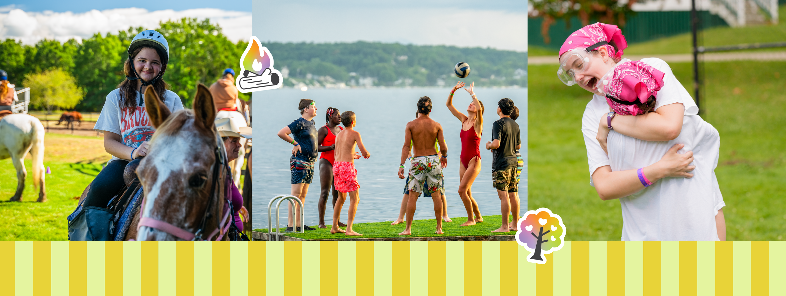 A collage of three images from Camp One Step: a girl riding a horse at horseback riding, people playing volleyball by a lake, and a woman hugging a girl with a bandana on her head.