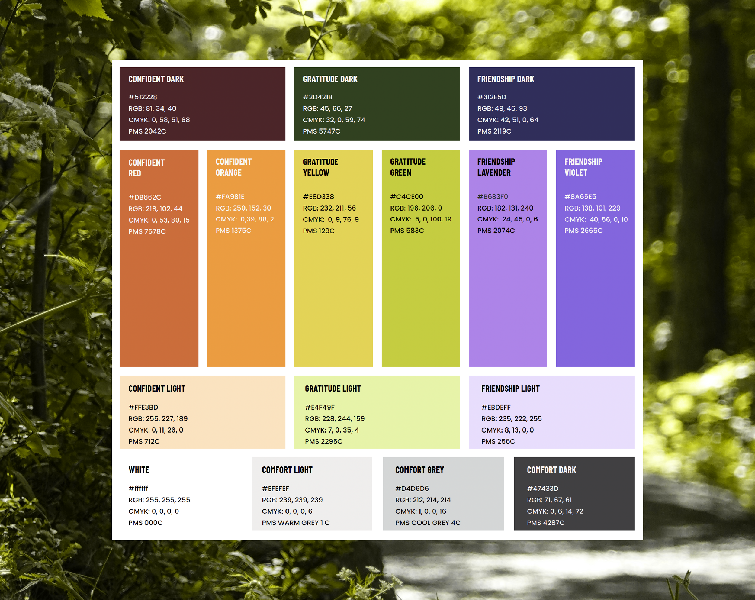 Color palette chart with various shades labeled with names, hex codes, RGB, CMYK, and PMS color codes, arranged in a grid format over a blurred green forest background.