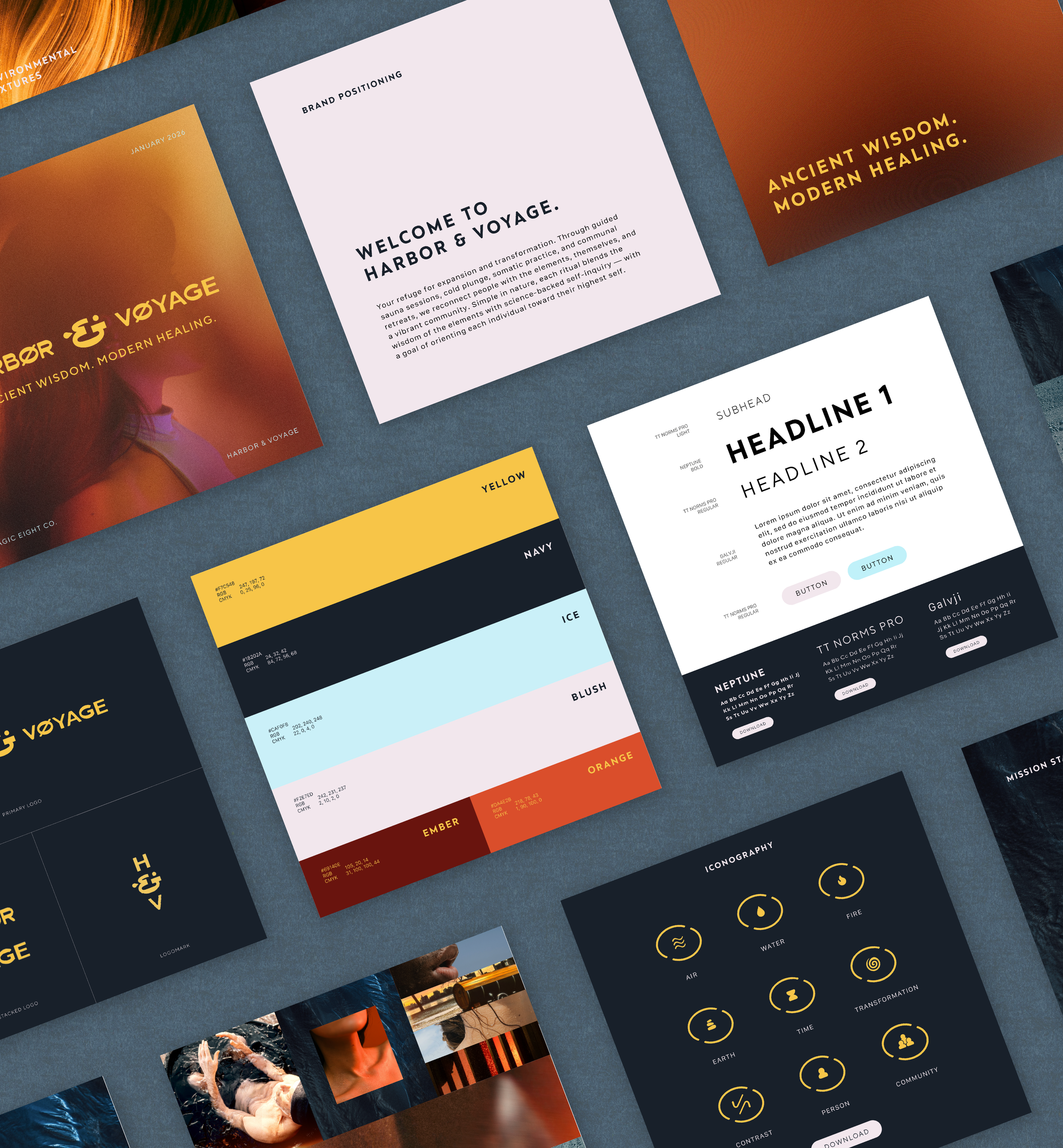 A layout of branding materials including brochures, color swatches, icons, and menus, related to Harbor & Voyage with themes of ancient wisdom and modern healing.