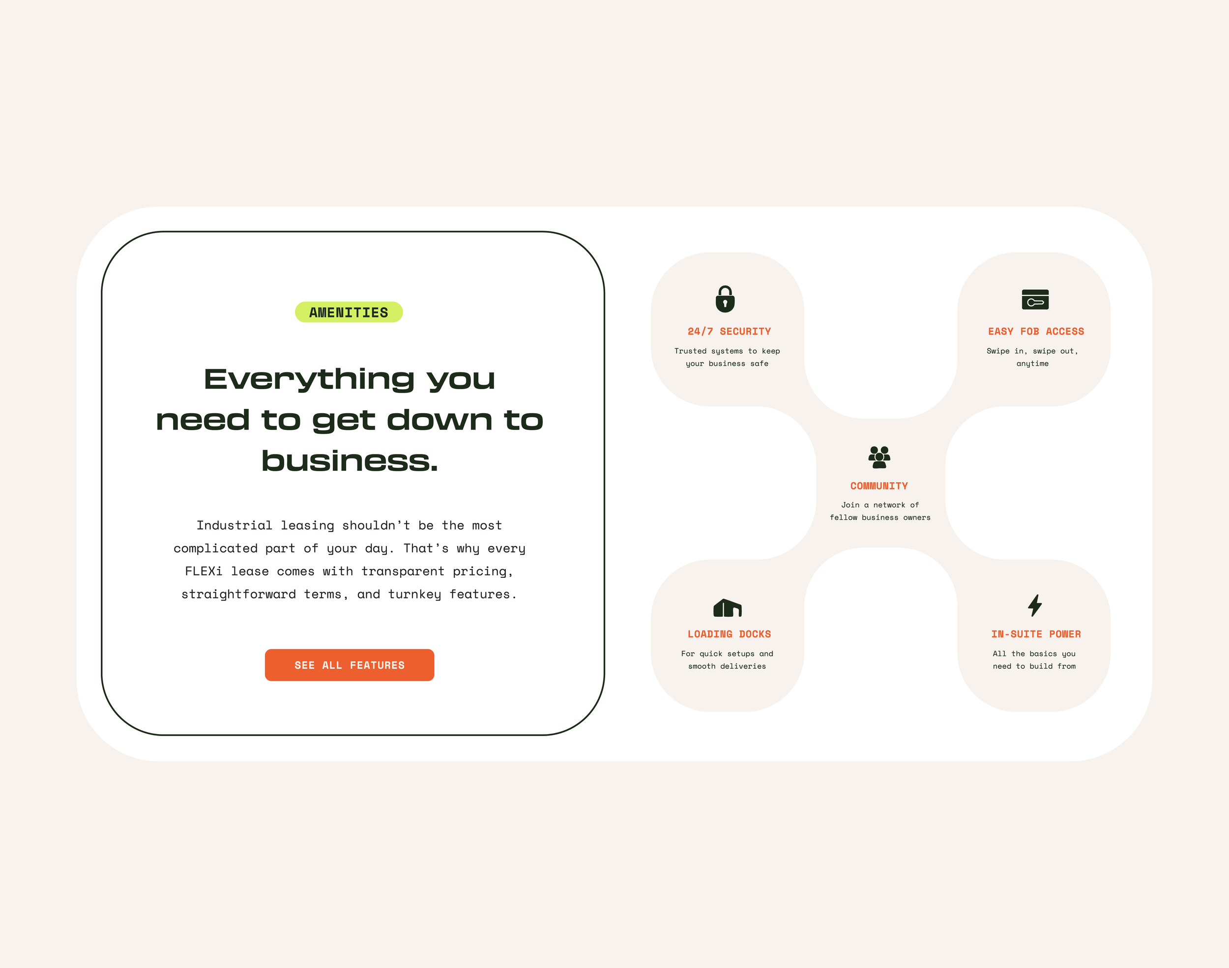 A website page showcasing amenities for FLEXi including security, easy access, community, loading docks, and power, with descriptions and icons for each feature.