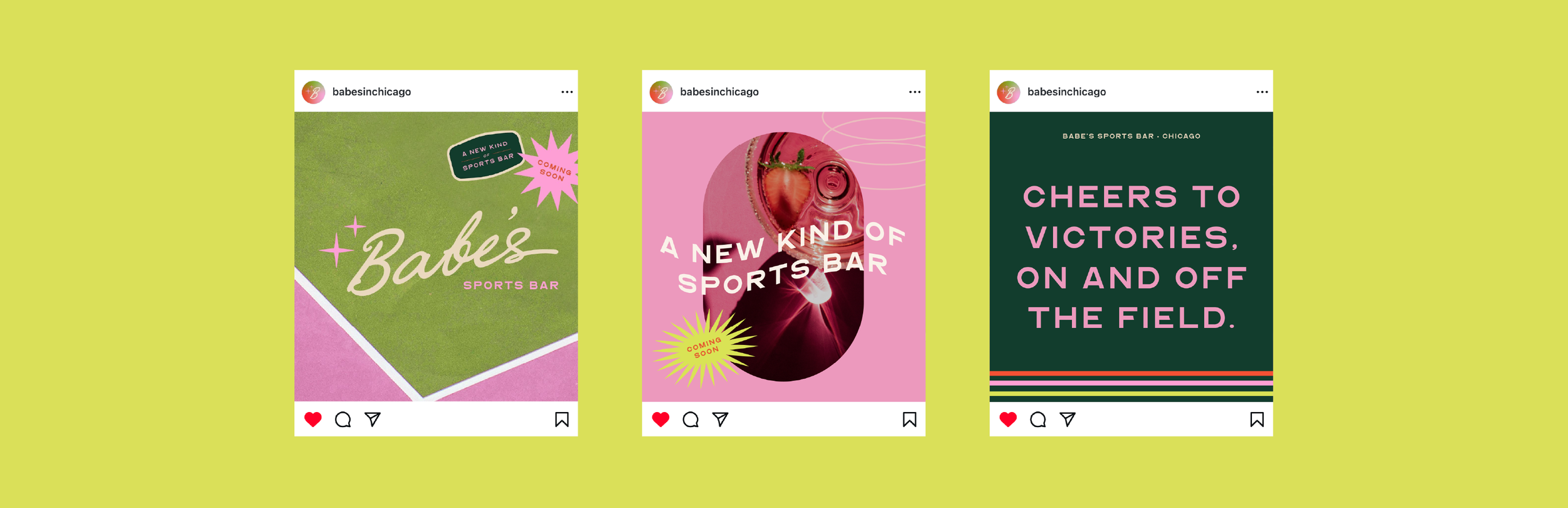 Three social media graphic posts from Babe's Sports Bar in Chicago announcing the opening of a new sports bar.