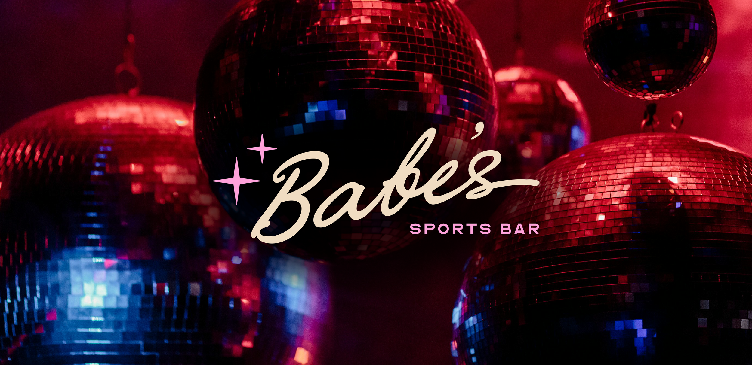 Multiple red and black disco balls with the text "Babe's Sports Bar" overlayed on a dark background.