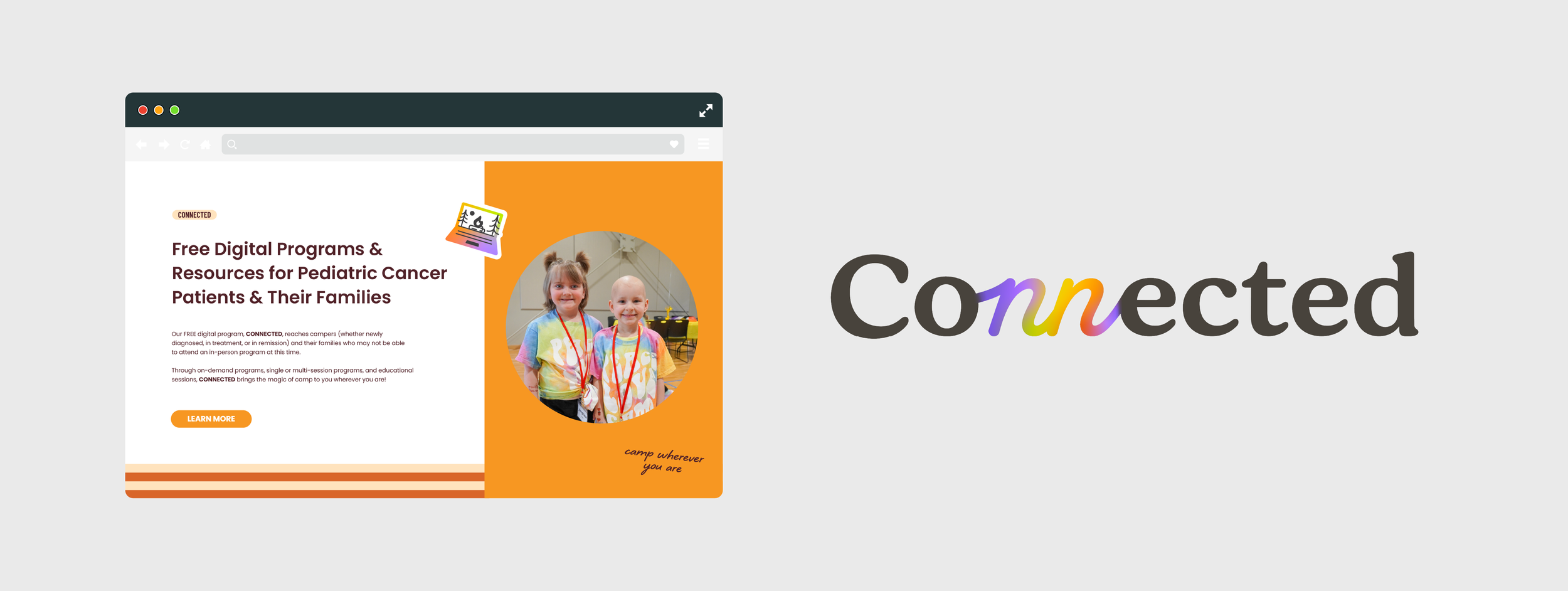 A website on a computer screen offering free digital programs and resources for pediatric cancer patients and their families, with a photo of two smiling children in colorful clothing and a rainbow-themed logo spelling 'Connected'.