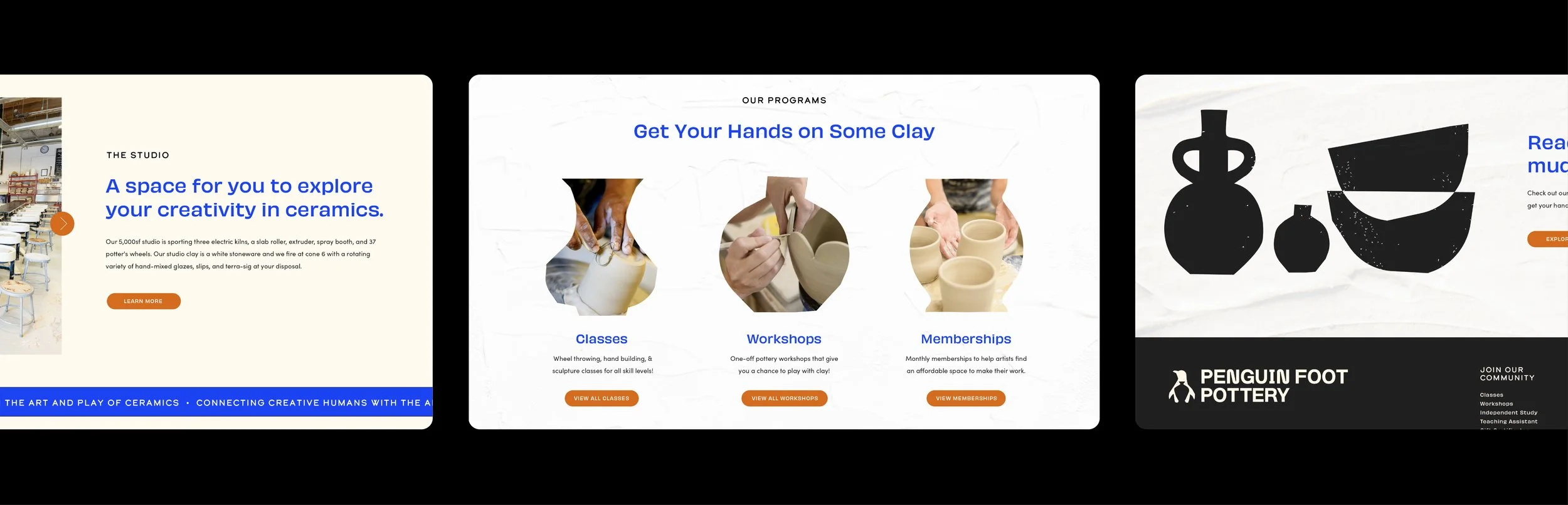 Three webpage screenshots of a ceramics studio, displaying descriptions of classes, workshops, memberships, and pottery artworks.
