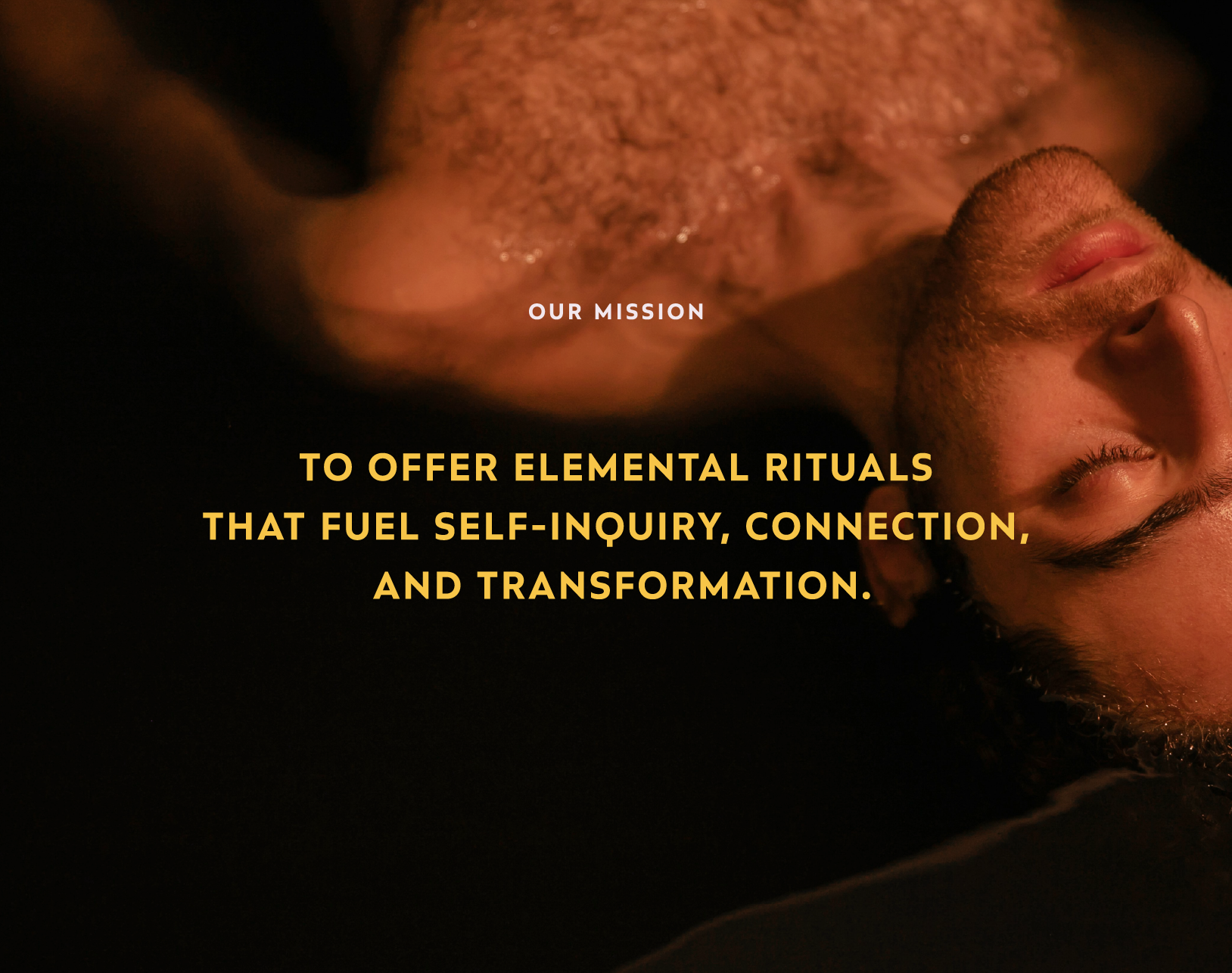 Close-up of a man with closed eyes, lying down, with text overlay discussing offering elemental rituals to fuel self-inquiry, connection, and transformation.