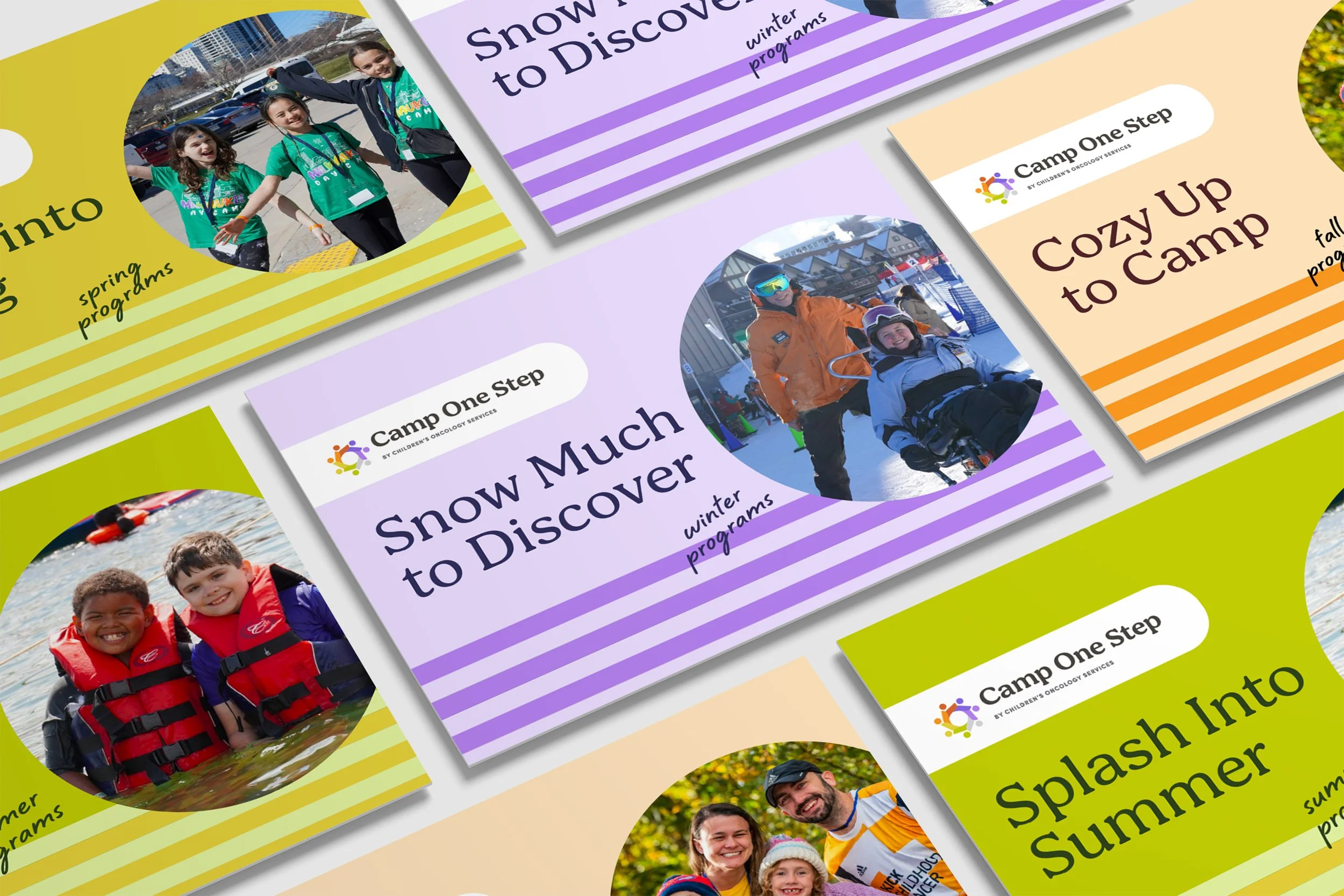 Collection of colorful flyers for children's summer and winter programs, featuring photos of kids and families engaging in outdoor activities like swimming, snow sports, and hiking.