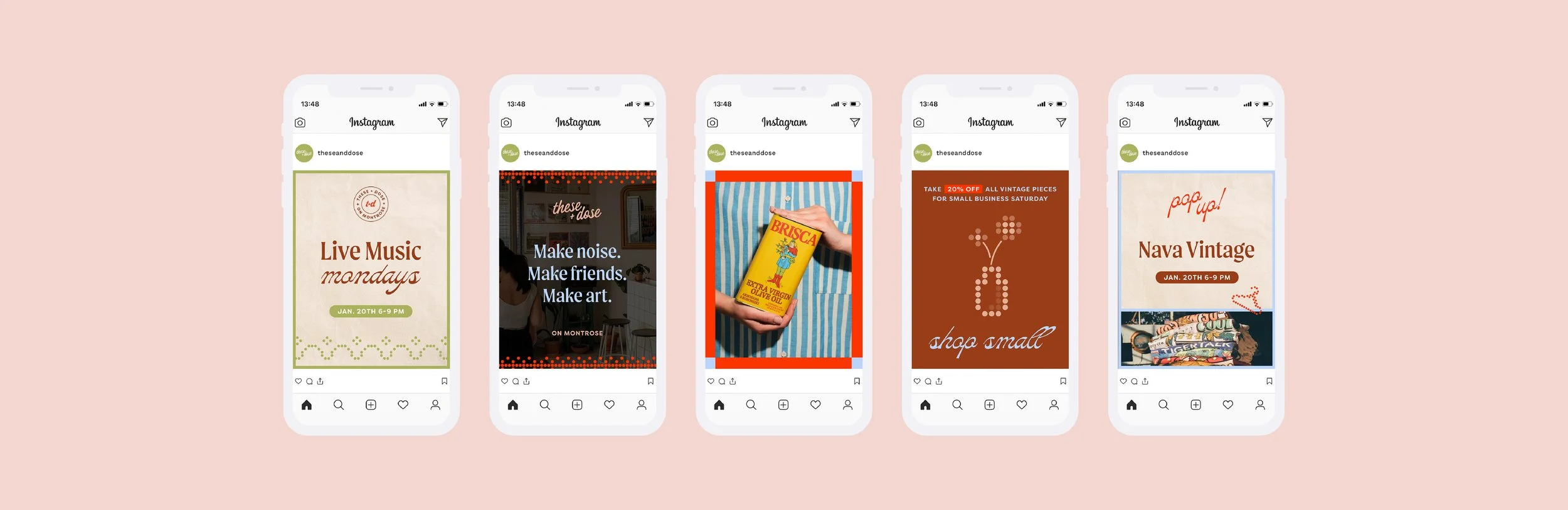 Five smartphone screens displaying Instagram posts for a retail store and event space called 'these + dose,' featuring activities like live music, social gatherings, and vintage markets, with dates and promotional details.