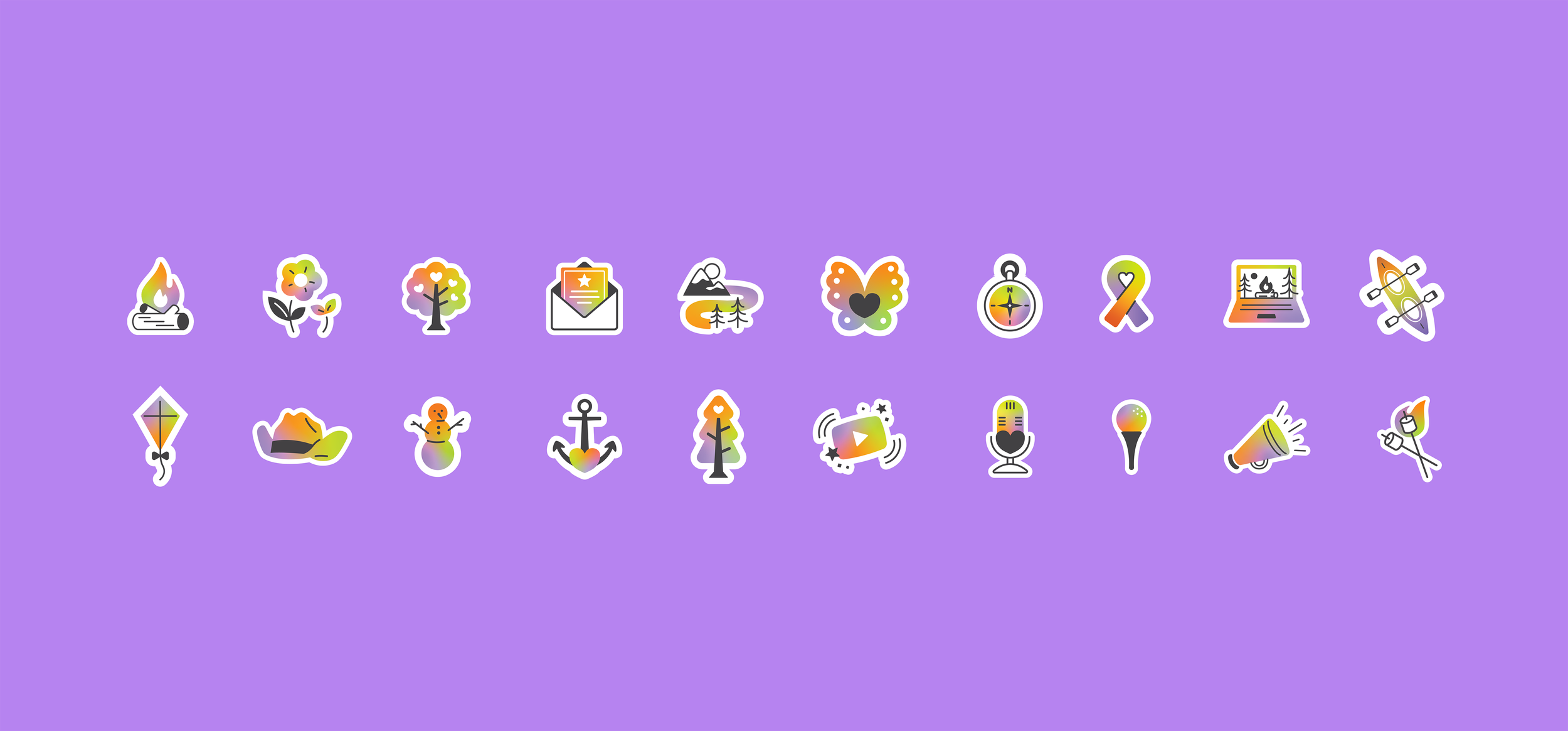 Collection of colorful nature and outdoor-themed stickers on purple background, including fire, flowers, trees, envelope, mountain, butterfly, compass, ribbon, camping tent, kayak, kite, leaf, mountain, snowman, anchor, forest, video play button, microphone, flashlight, megaphone, lit matchstick, and rose.