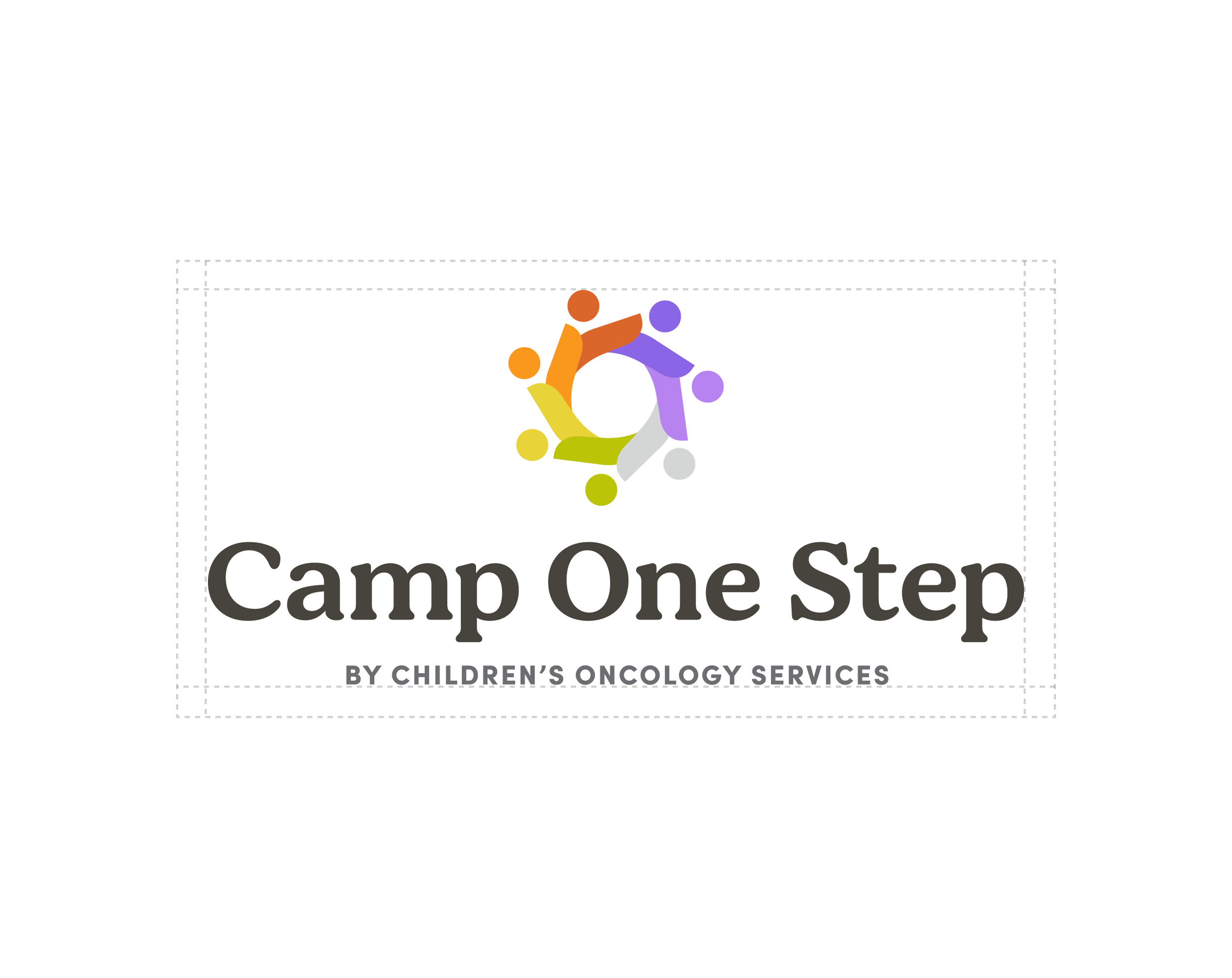 Logo for Camp One Step by Children's Oncology Services, featuring a multicolored circle of stylized human figures holding hands.