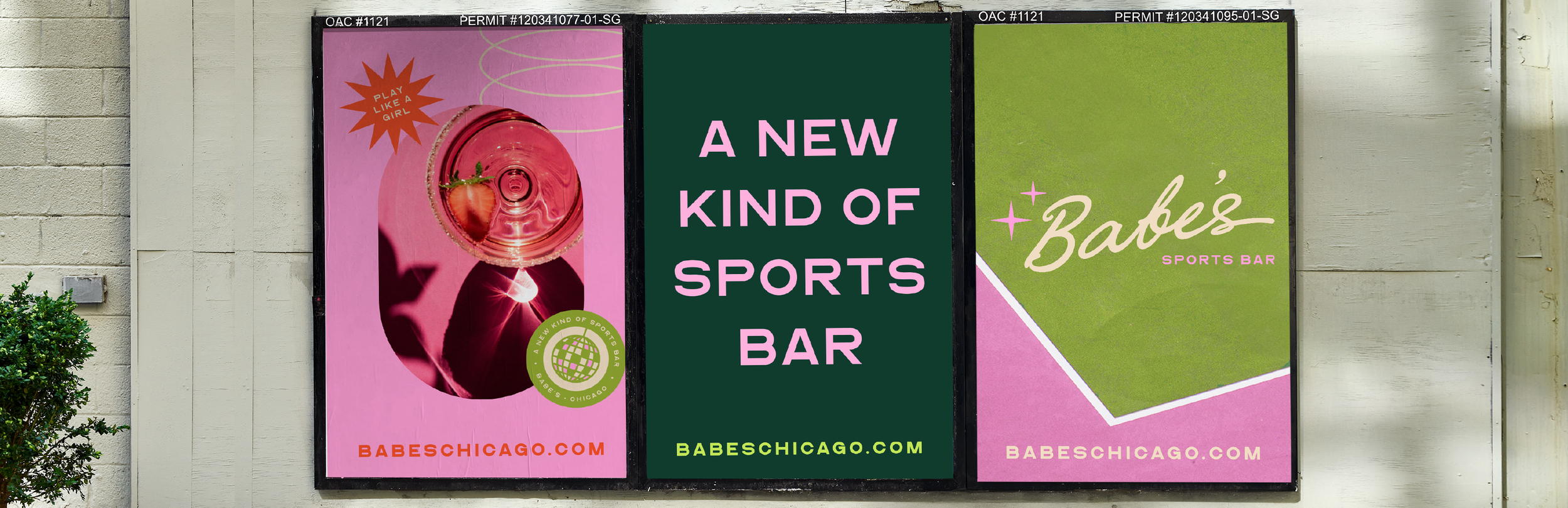 Three colorful posters advertising Babes Chicago Sports Bar, with the middle poster reading "A new kind of sports bar" and the website babeschicago.com at the bottom.