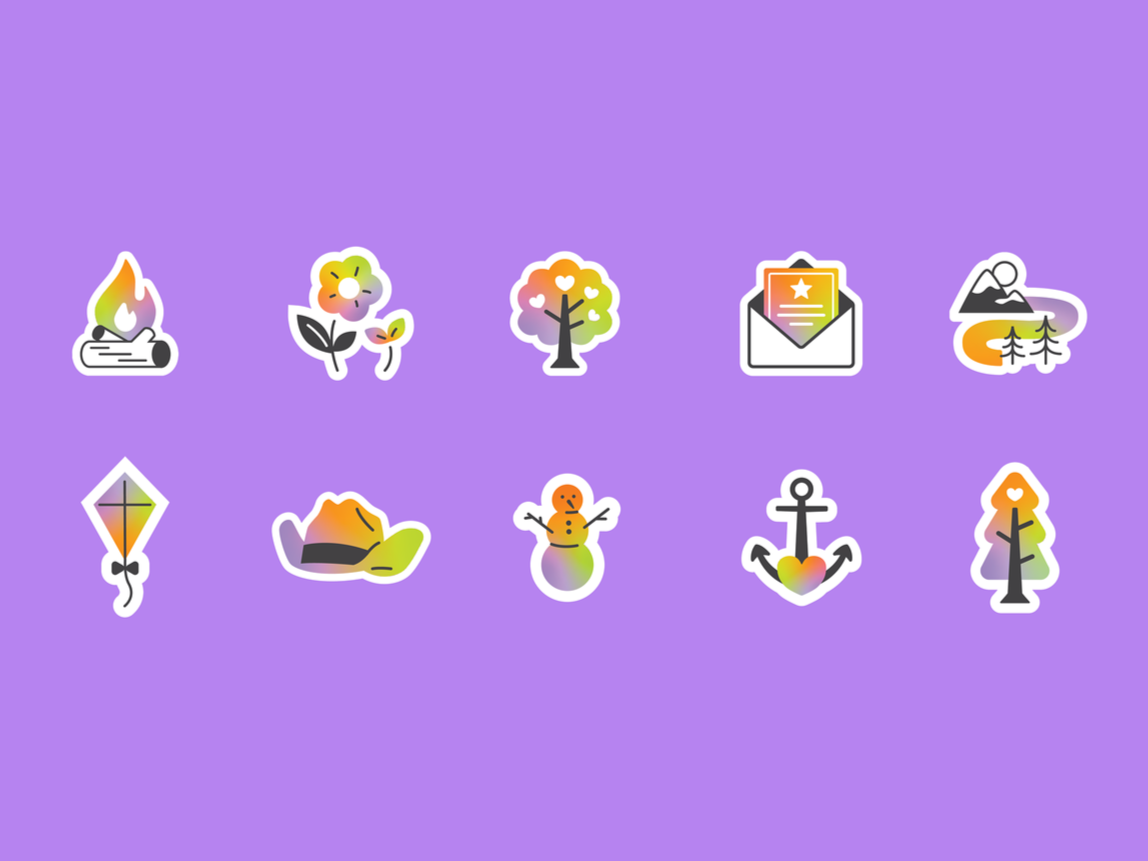 Ten colorful outdoor-themed stickers on a purple background, including a campfire, a flower, a tree, a letter envelope, a mountain lake, a kite, a sleeping bag, a snowman, an anchor, and a tree with a heart.