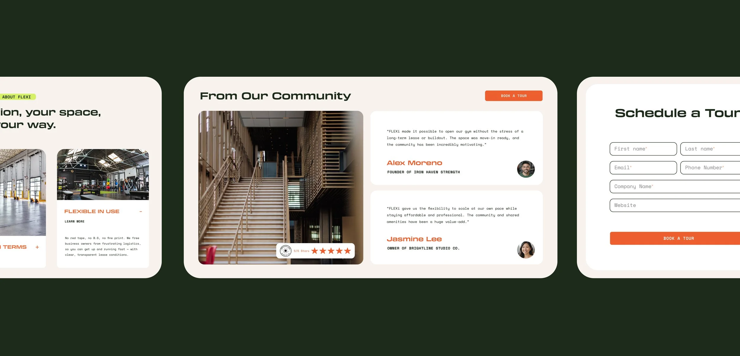 A website layout divided into three sections. The first section features images and text about flexible workspace usage, the second section titled 'From Our Community' shows a photo of an interior staircase with reviews, and the third section is a form to schedule a tour with fields for name, email, phone number, and company name.