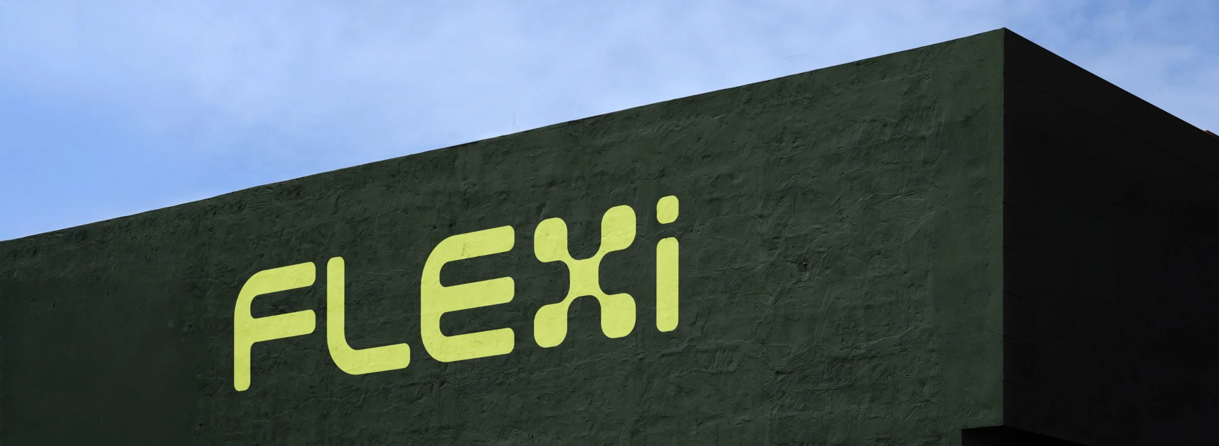 A green wall with the FLEXi logo in bright yellow letters, against a blue sky background.