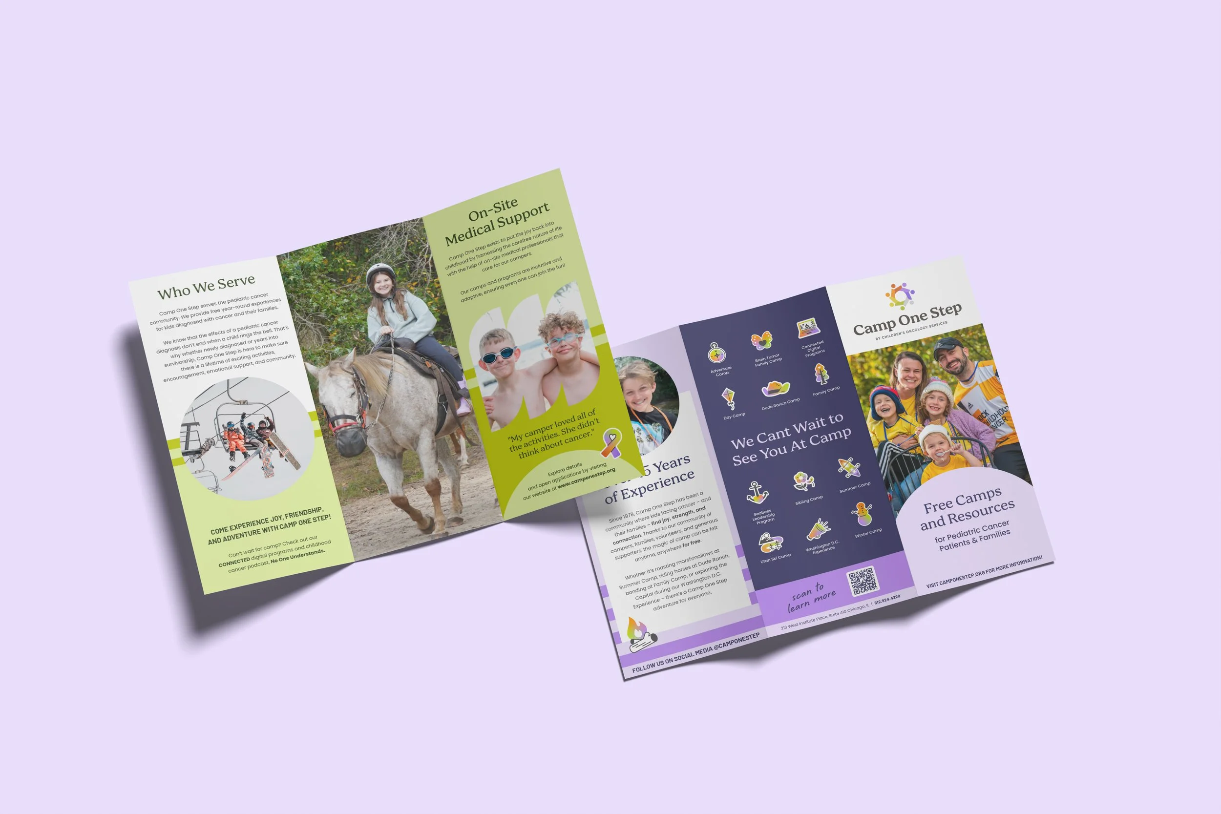 Printed brochure with information about Camp One Step, featuring photos of children at camp, including one riding a horse and others smiling, with details about camp activities and support for pediatric cancer patients and families.