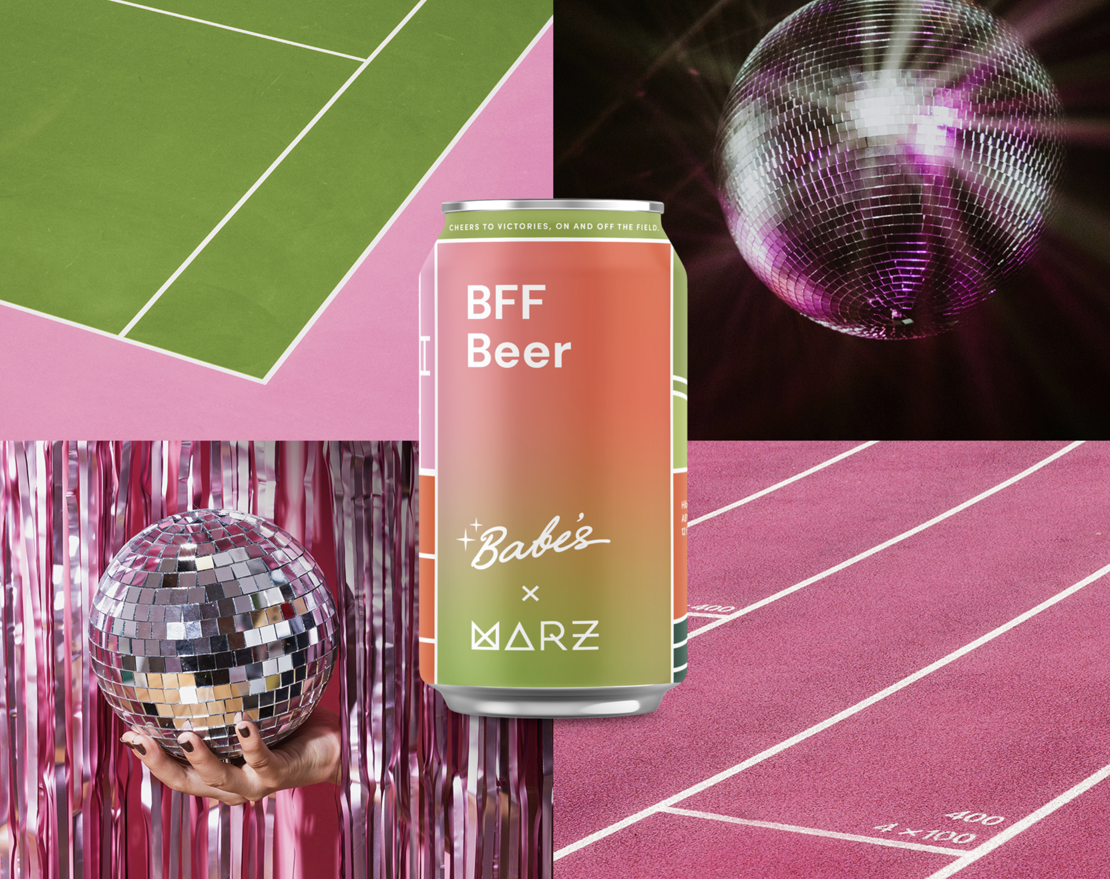 A can of Babe's BFF Beer, a floor with pink running track lanes, a glittering disco ball, and a person's hand holding a disco ball against pink metallic curtains.