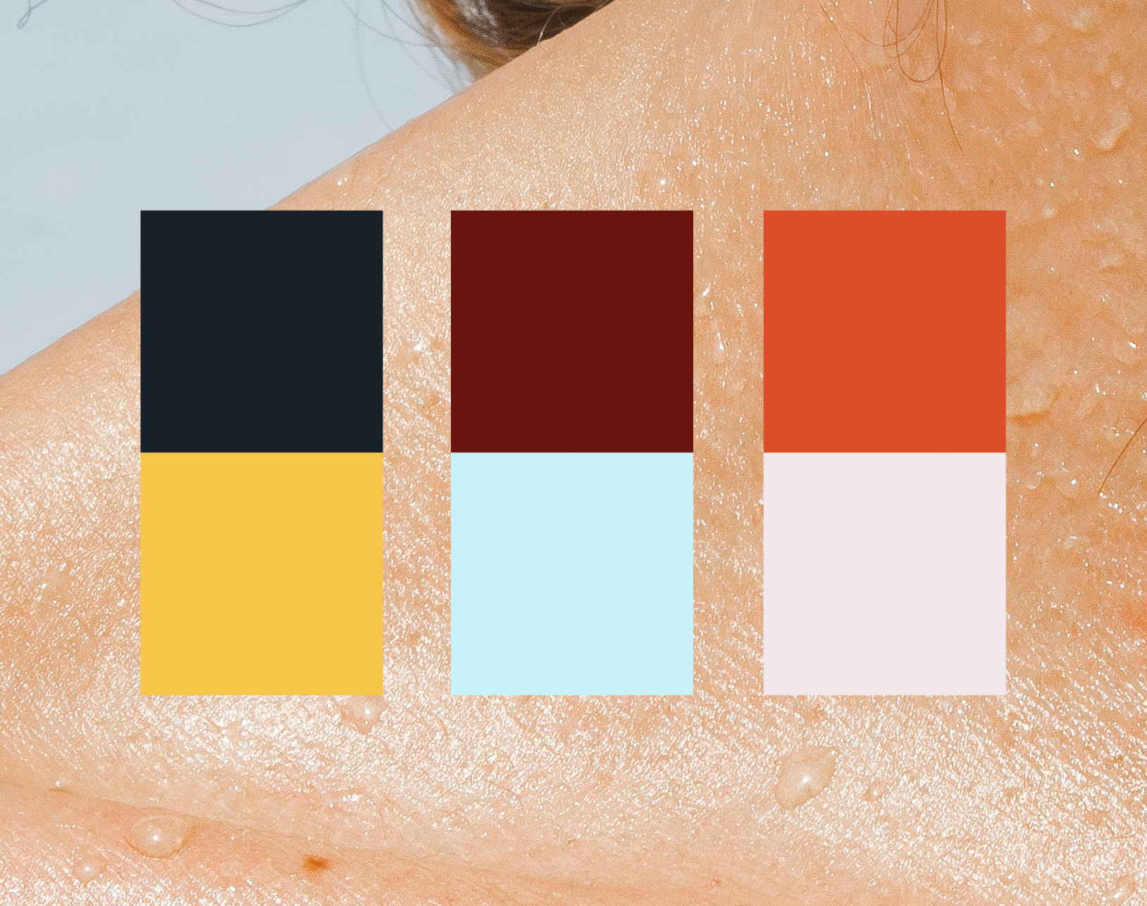 Close-up of a person's shoulder with water droplets, with six color swatches overlaid, including navy, dark red, orange, yellow, light blue, and pale pink.