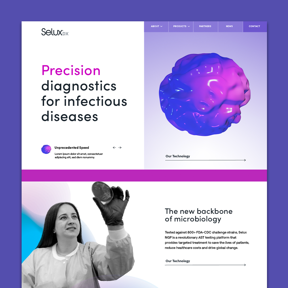 A website homepage showcasing medical diagnostics for infectious diseases, with a digital illustration of a purple and blue virus particle on the right, and a black-and-white photo of a female scientist holding a petri dish on the left. The site features sections about microbiology technology and product details.