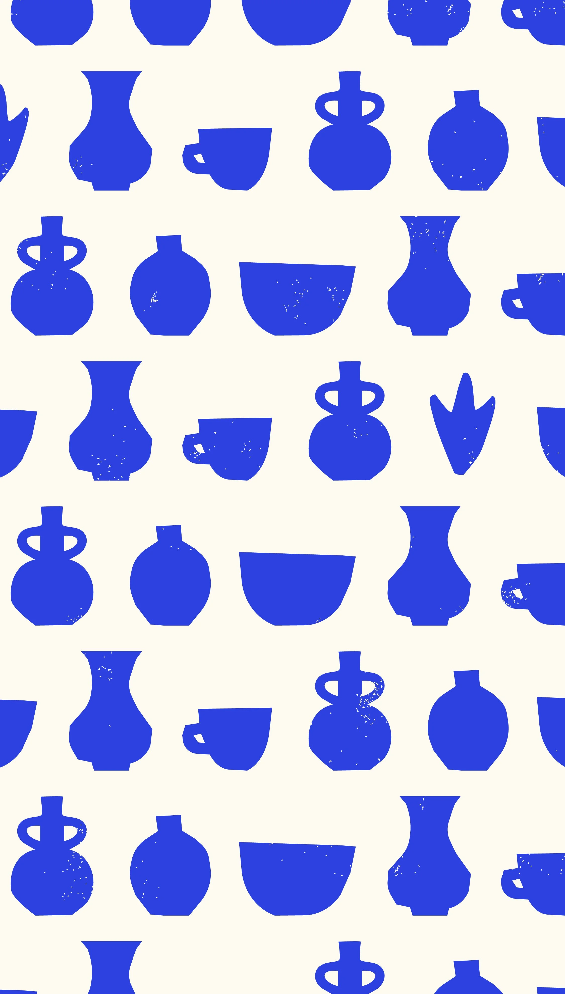 Pattern of blue ceramic vases, bowls, and cups on a white background.