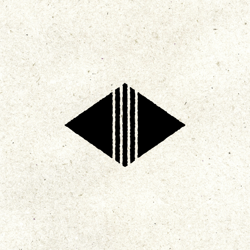 A black geometric logo featuring a diamond shape with three vertical lines in the center, on a textured beige background.