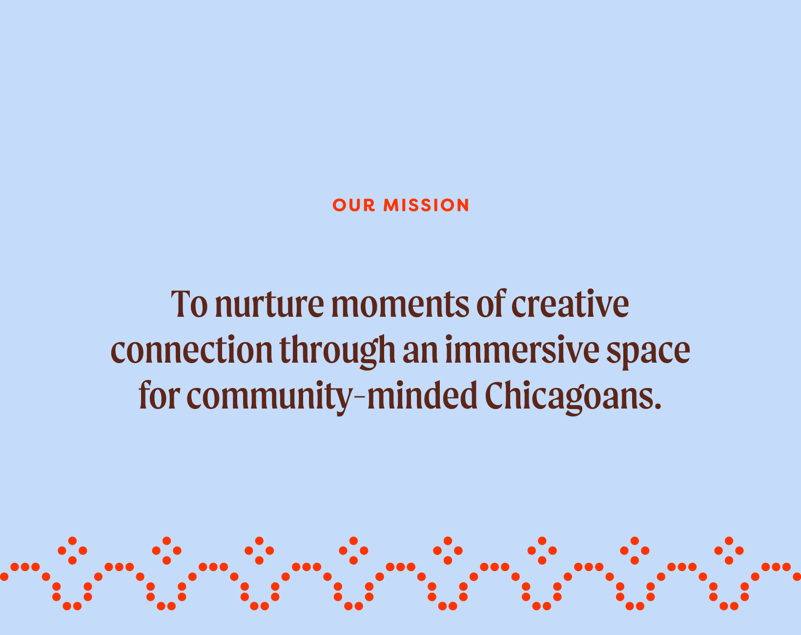 Light blue background with red and brown text describing a mission to nurture moments of creative connection through immersive space for community-minded Chicagoans, with decorative red dotted pattern at the bottom.