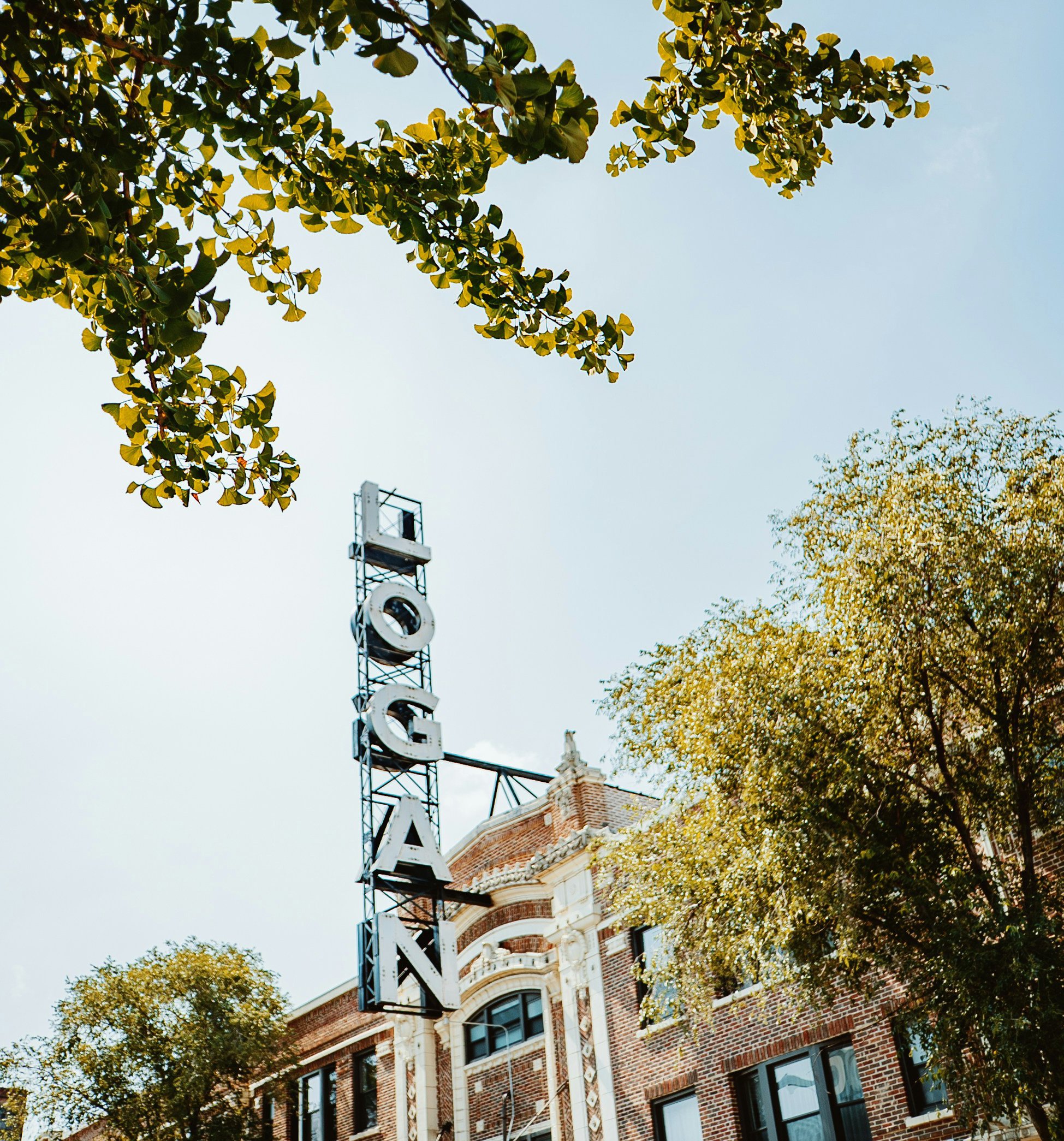 Chicago city street scene with a vertical sign that reads 'Logan' and trees with green and yellow leaves in front of an ornate brick building.