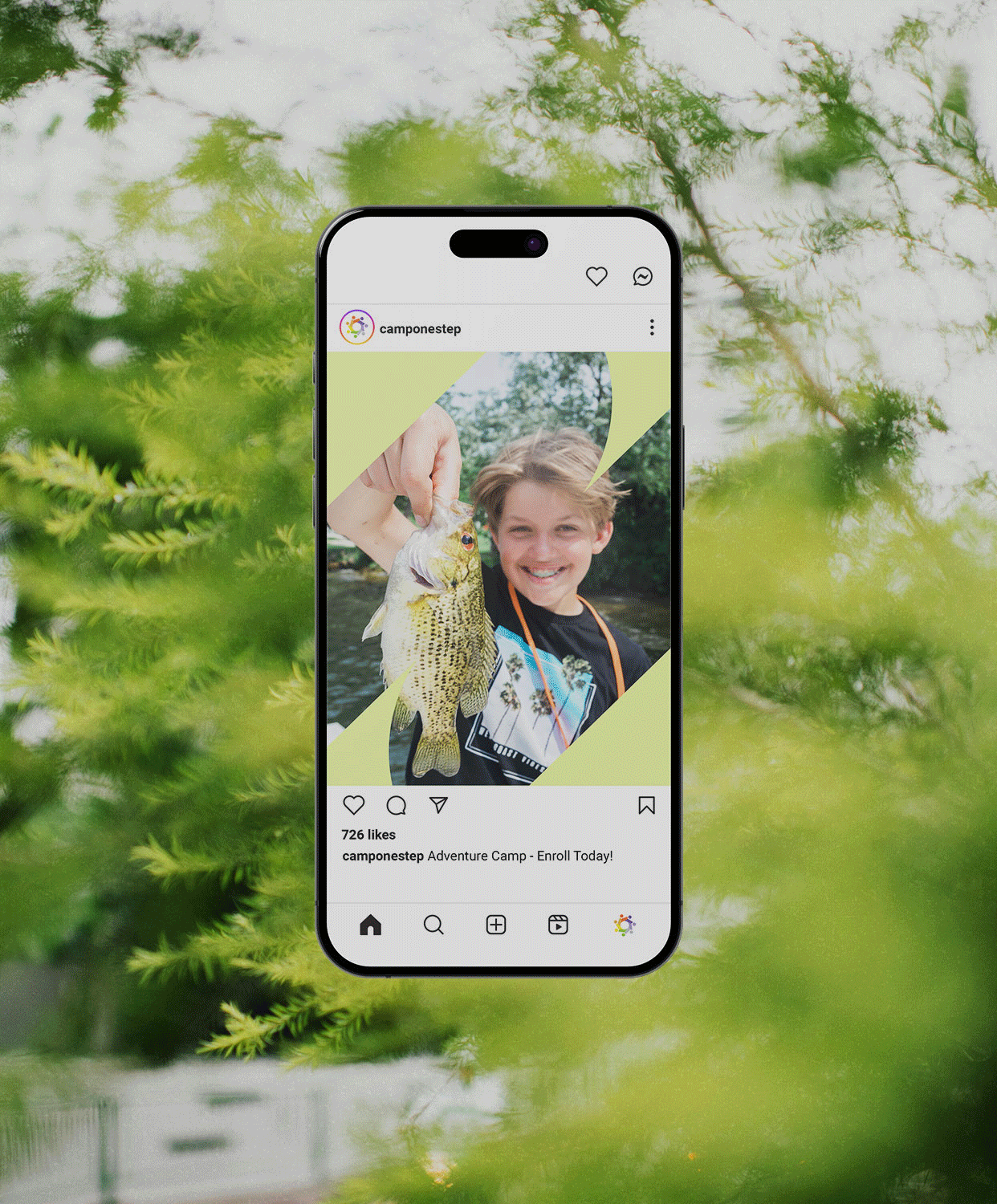 Smartphone displaying Instagram post templates, with green trees in the background, overlaid on greenery.