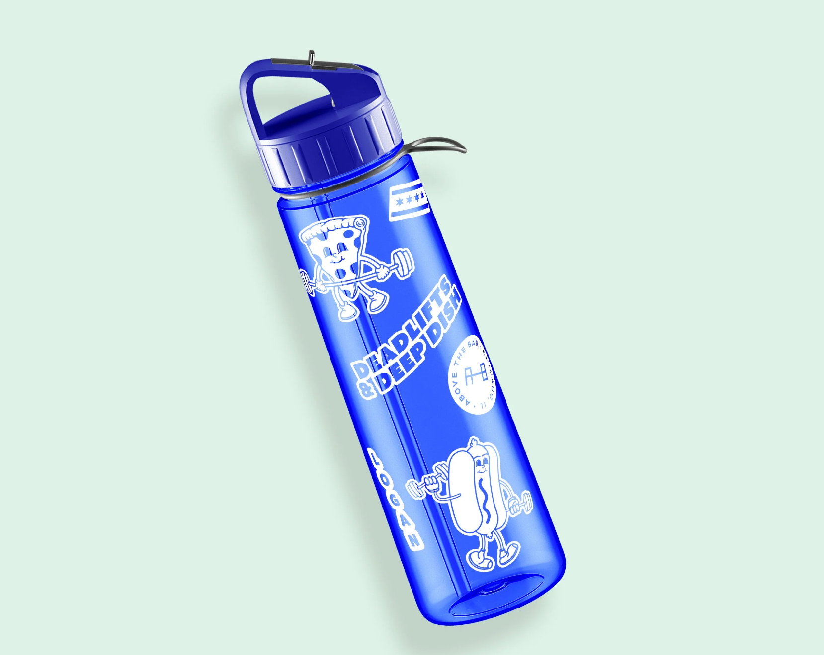 Blue water bottle decorated with cartoon hot dogs lifting dumbbells on a light green background.