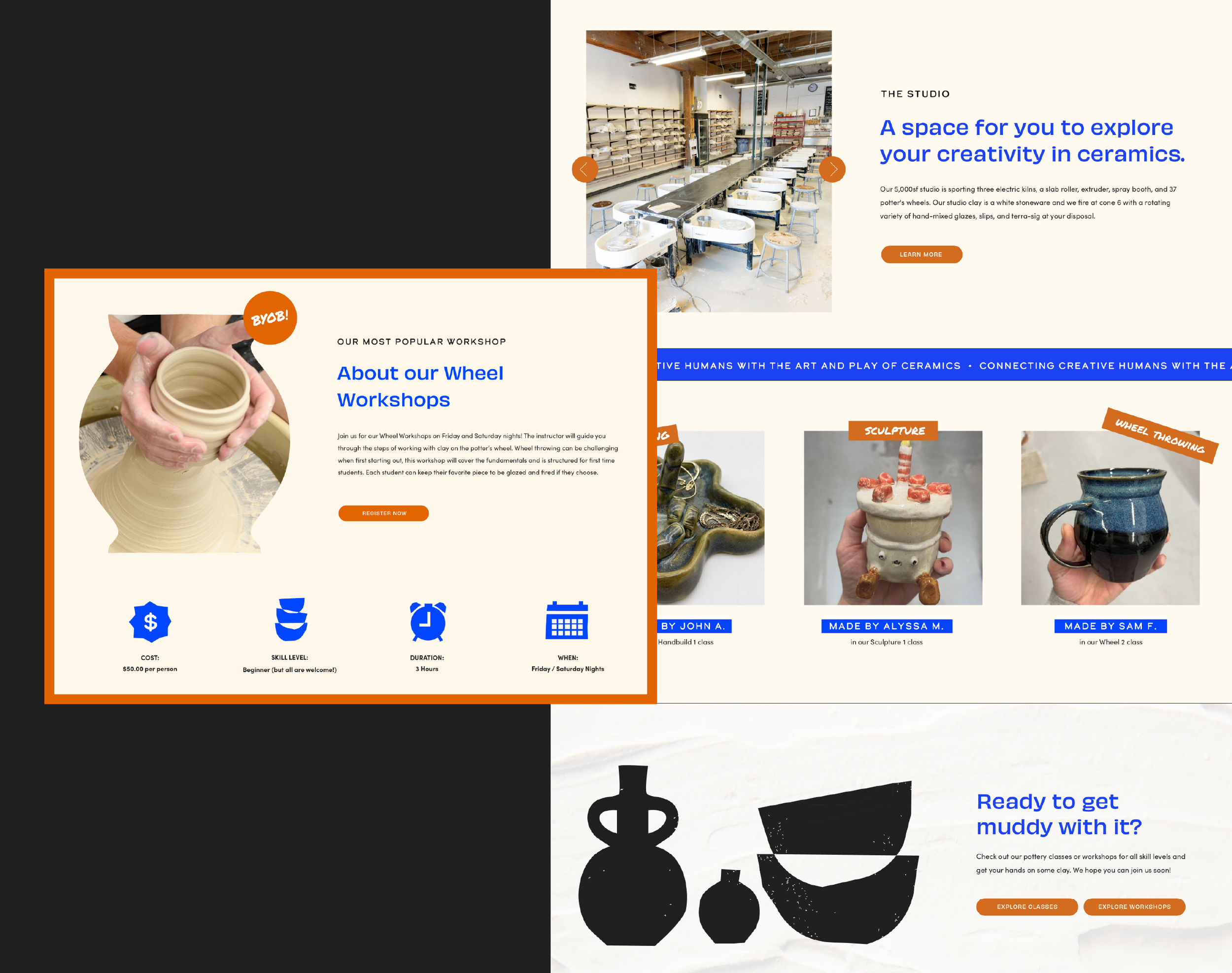 Digital webpage display for a ceramics studio showcasing workshop information, with images of pottery classes, a ceramics studio interior, and sample ceramic artworks including sculpture and a mug.