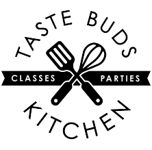 Logo for Taste Buds Kitchen featuring crossed spatula, fork, and spoon with text 'Classes' and 'Parties'